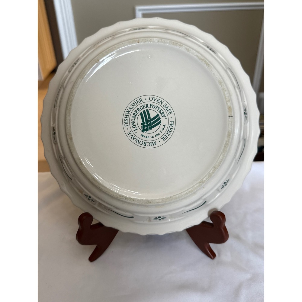 Longaberger Pottery Woven Traditions Ivory Green Pie Plate 10 Inch USA Made